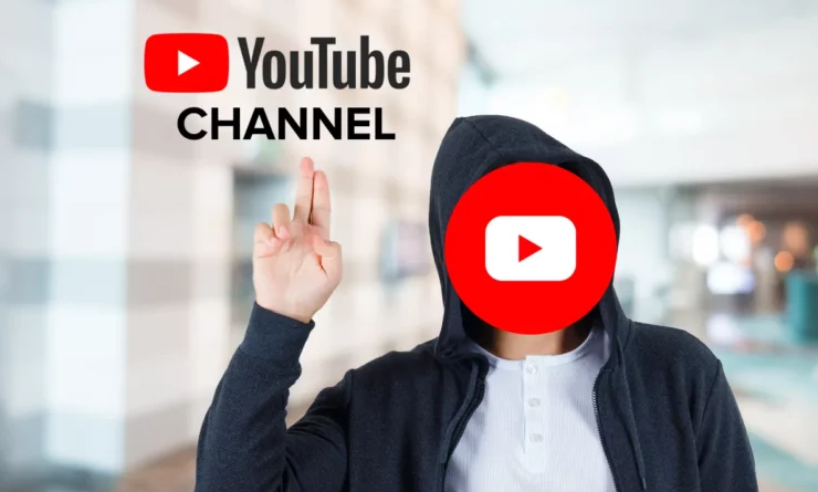 Faceless YouTube channel concept with a person in a hoodie and a YouTube logo face, symbolizing anonymous content.